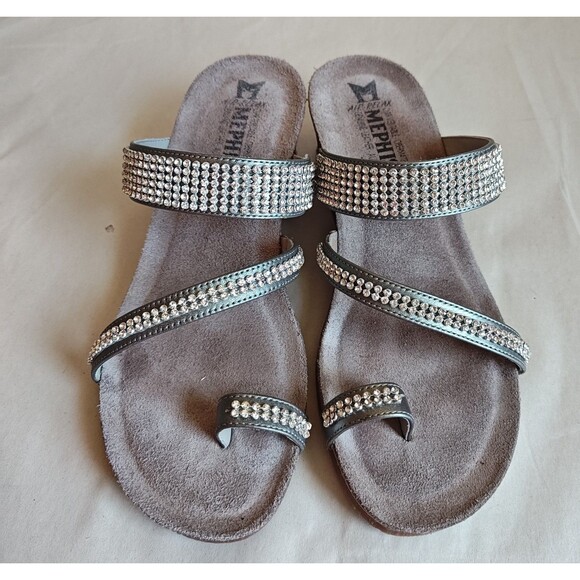 Mephisto Milly Shoes Womens Size 7 Steel Silver Wedge Sandals Rhinestone Straps - Picture 4 of 15